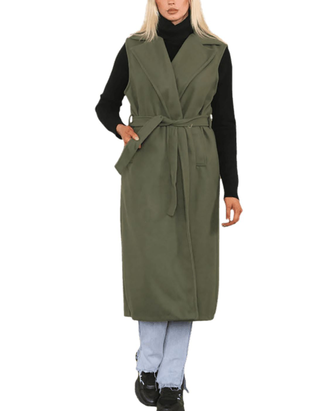 Womens Sleeveless Tailored Belted Coat Long Italian Duster Coat Pocket Waistcoat
