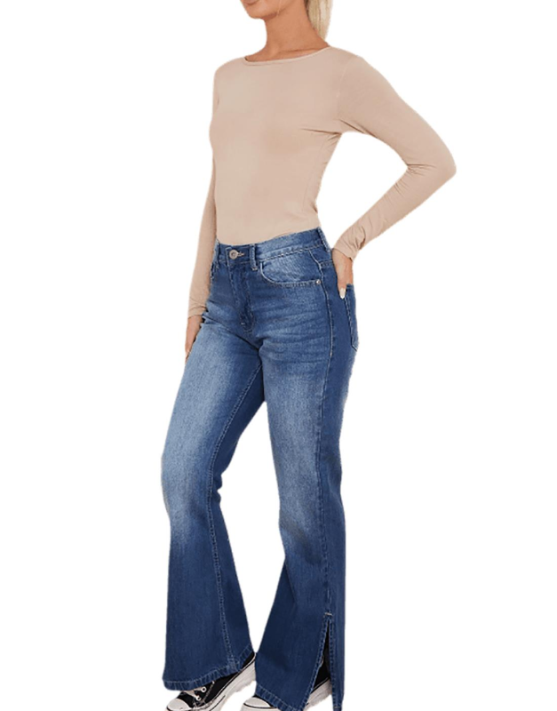 Womens Full Length Flared Ankle Cut Denim Jeans High Waist Bell Bottom Pants