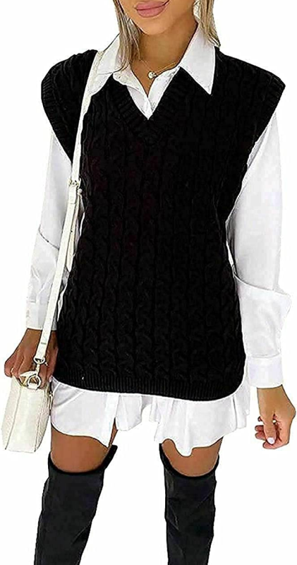 Women V Neck Cable Knitted Vest Ladies Sleeveless Sweater Plain High Neck Knit Tank Top