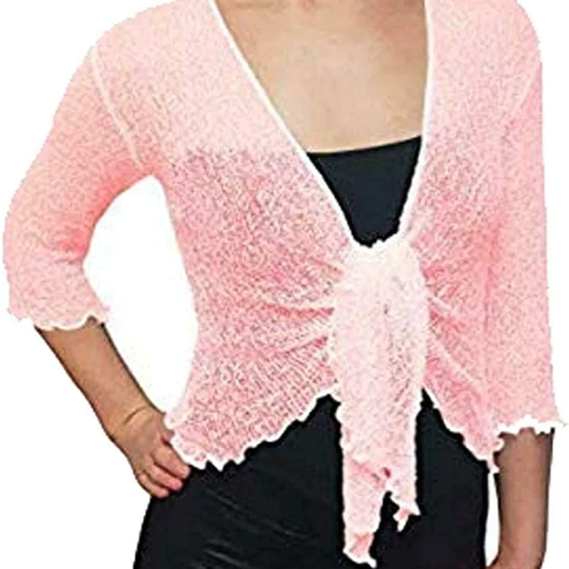 Ladies Plain Knitted Open Front Bolero Cardigan Womens Tie Up Knitted Shrug Top