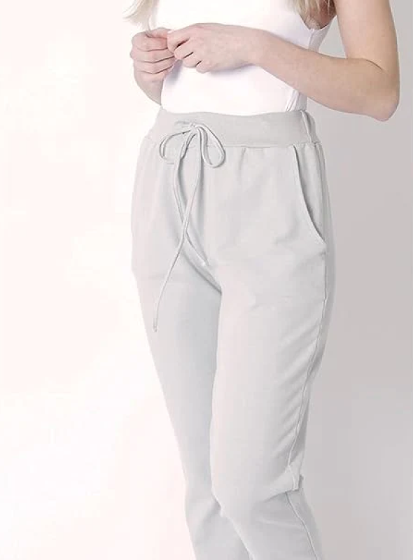 Womens Gray Denim Pant Turn Up Italian Trousers Ladies Ribbed Waistband Drawstring Pant