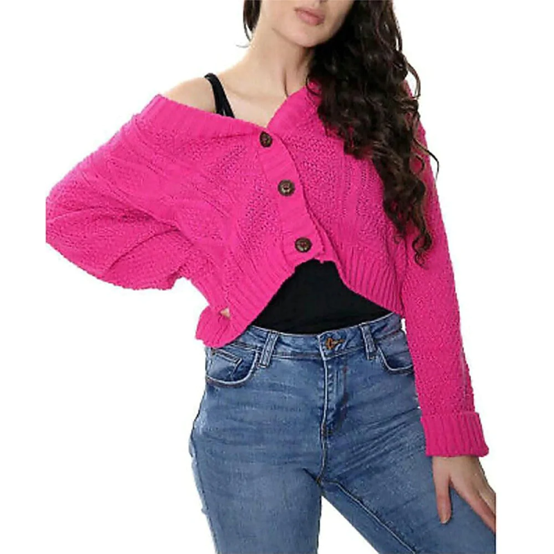 Womens Outwear Autumn Cardigan Sweater Cable Knitted 3 Button Crop Cardigan