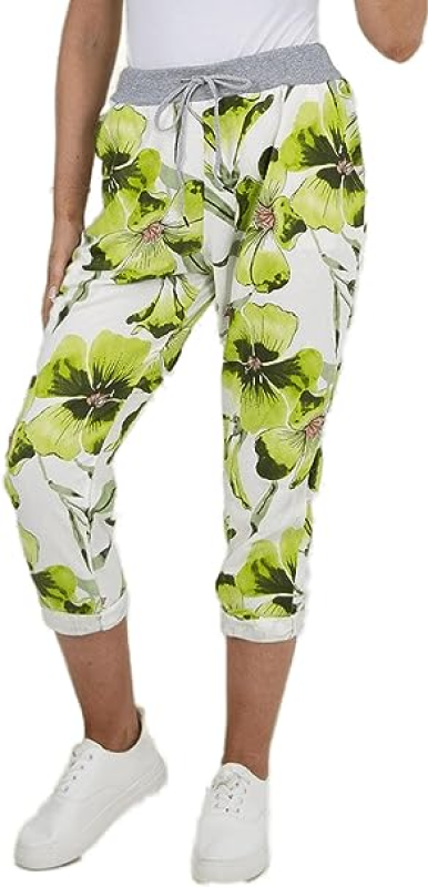 Womens Green Floral  Printed Denim Pants Turn Up Italian Trousers Ladies Ribbed Waistband Drawstring Pants