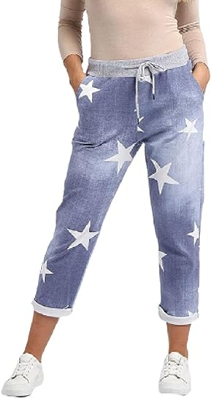Womens Star Print Pant Turn Up Italian Trousers Ladies Ribbed Waistband Drawstring Pant