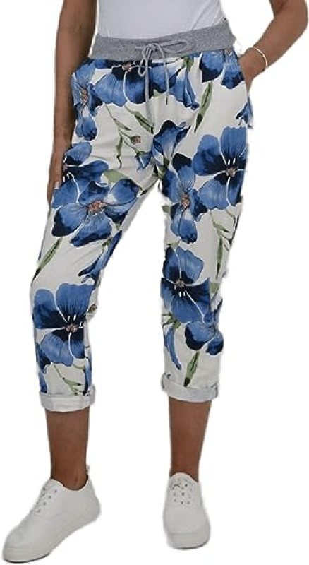 Womens Blue Floral Printed Denim Pant Turn Up Italian Trousers Ladies Ribbed Waistband Drawstring Pant