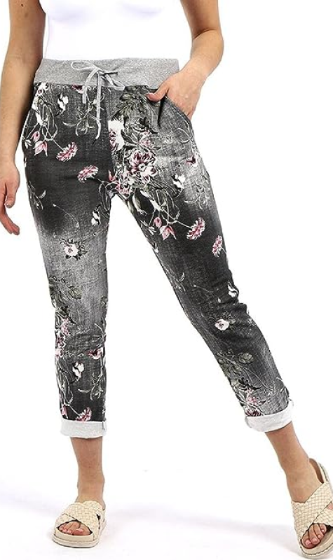 Womens Black With Multi Floral Print Printed Denim Pants Turn Up Italian Trousers Ladies Ribbed Waistband Drawstring Pants