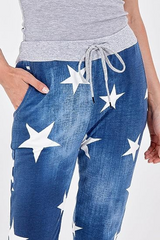 Womens Black And Blue Star Printed Denim Pant Turn Up Italian Trousers Ladies Ribbed Waistband Drawstring Pant