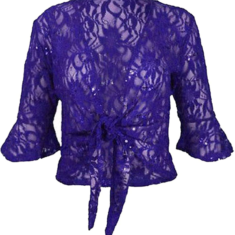 Womens Sequin Lace 3/4 Bell Sleeve Tie Up Shrug Ladies Fancy Dress Party Cardigan UK 12-26