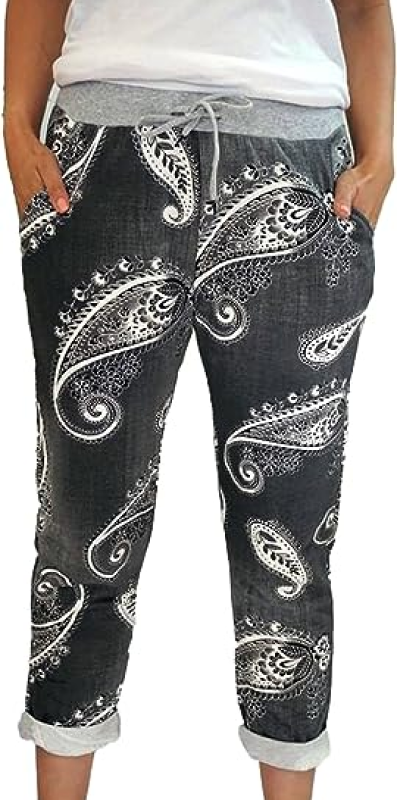 Womens Black Paisly Pants Turn Up Italian Trousers Ladies Ribbed Waistband Drawstring Pants