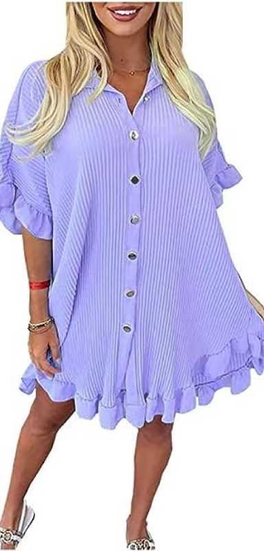 Womens Frill Short Sleeve Crinkle Swing Dress Ladies Button Down Collar Shirt Baggy Summer Dress Available in Differents Colours