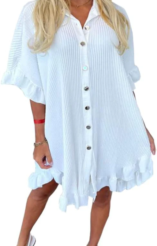 Womens Frill Short Sleeve Crinkle Swing Dress Ladies Button Down Collar Shirt Baggy Summer Dress Available in Differents Colours