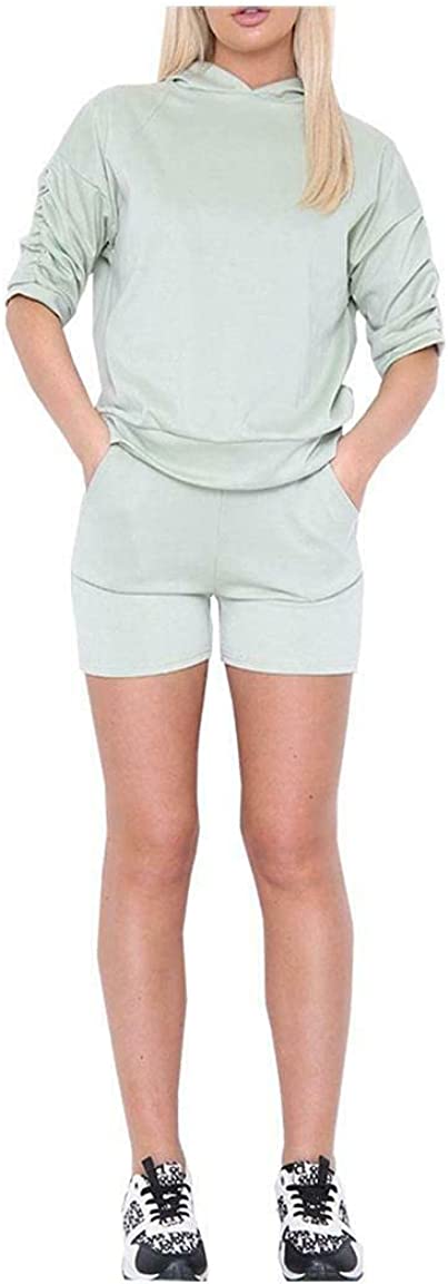 Womens 2 Piece Tracksuit Ladies Ruched Sleeve Hooded Top Shorts Leisure Wear Set