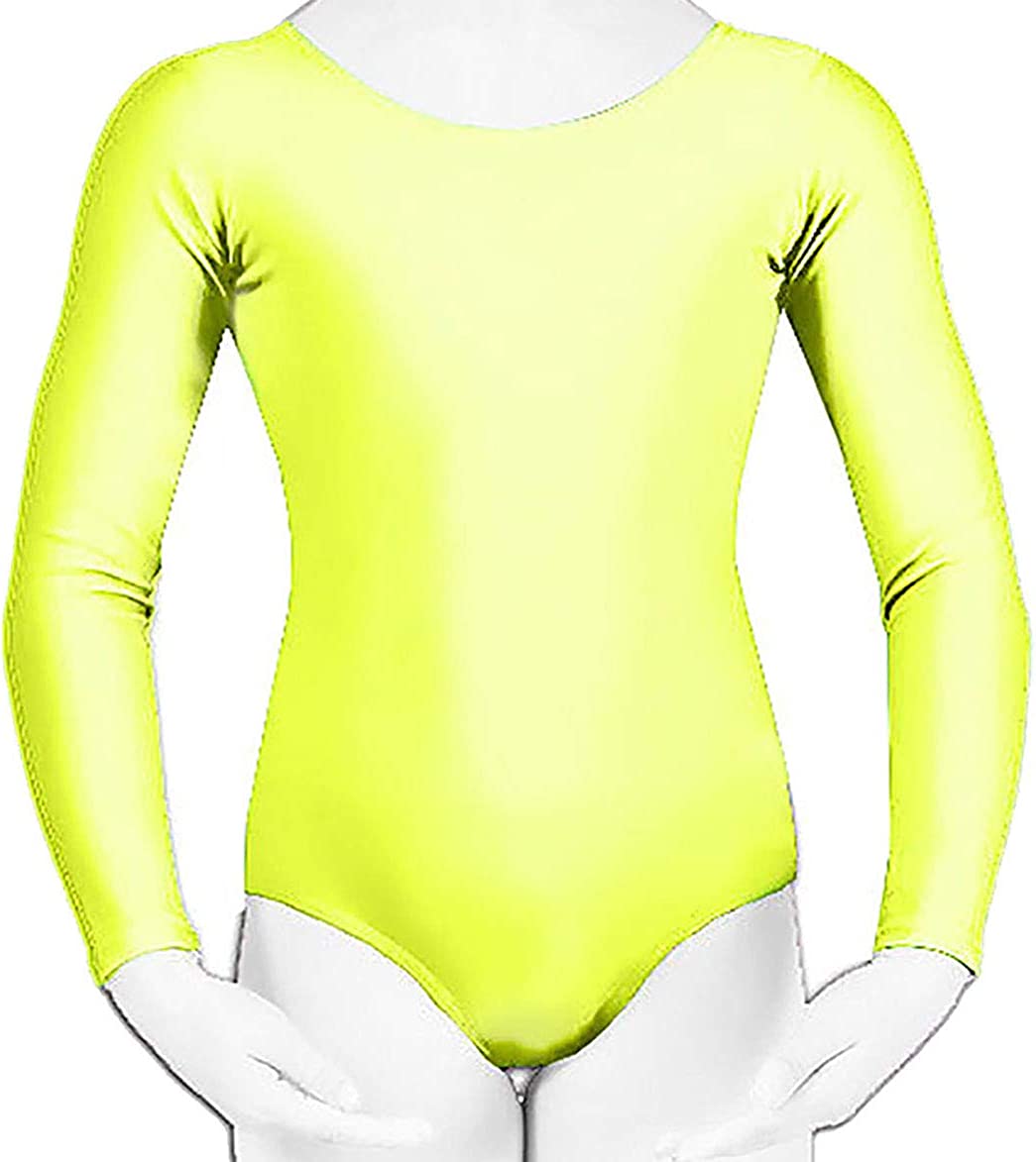 Girls Plain Fancy Leotard Stretchy Full Sleeve Bodysuit Kids Stag Do Party Top 3-14 Years