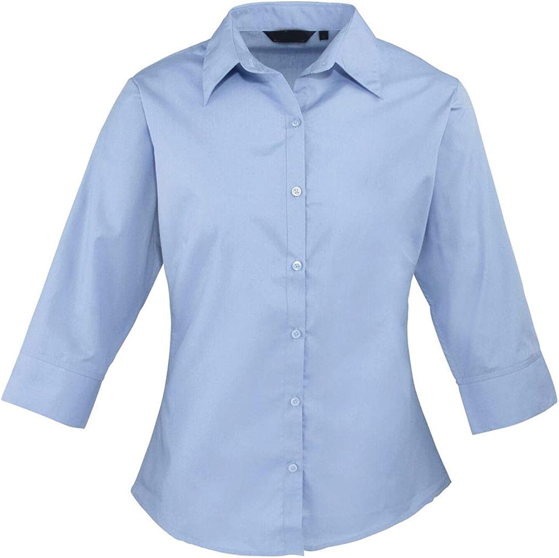 Womens Ladies 3/4 Sleeves Poplin Plain Shirt Top Casual Office Work Wear Blouse