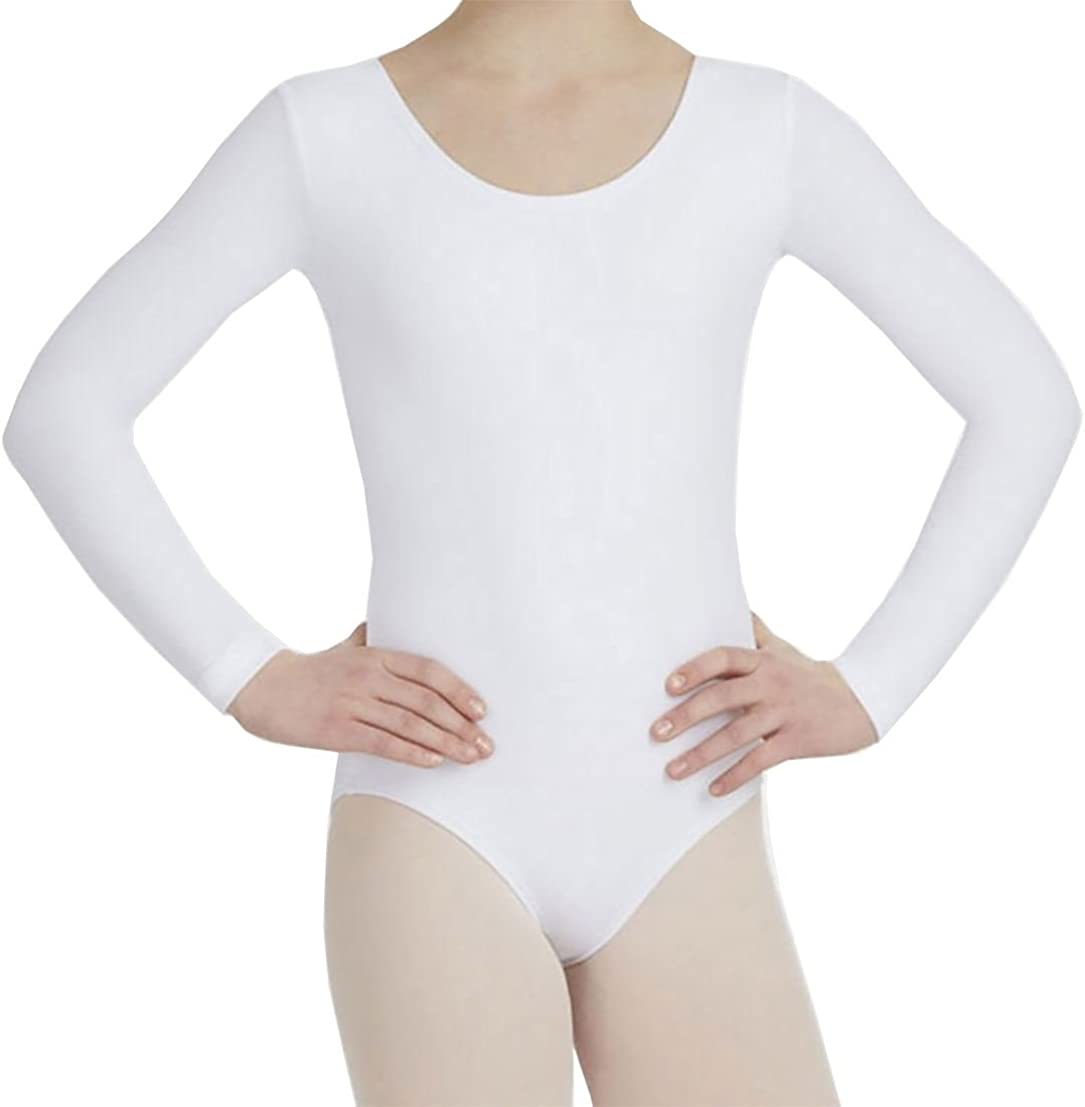 Girls Plain Fancy Leotard Stretchy Full Sleeve Bodysuit Kids Stag Do Party Top 3-14 Years