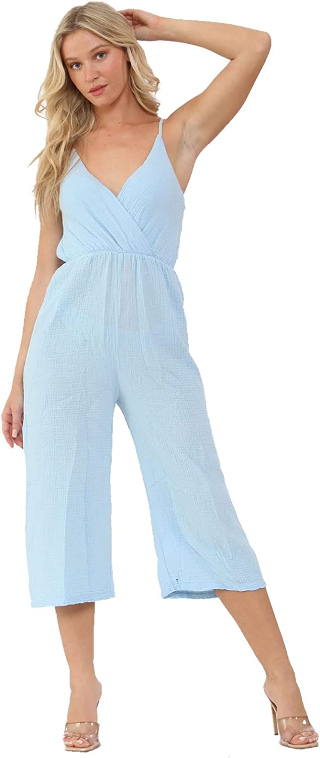 Ladies Deep V Neck Wrap Over Italian Jumpsuit Womens 3-4 Wide Leg Summer Sleeveless Playsuit