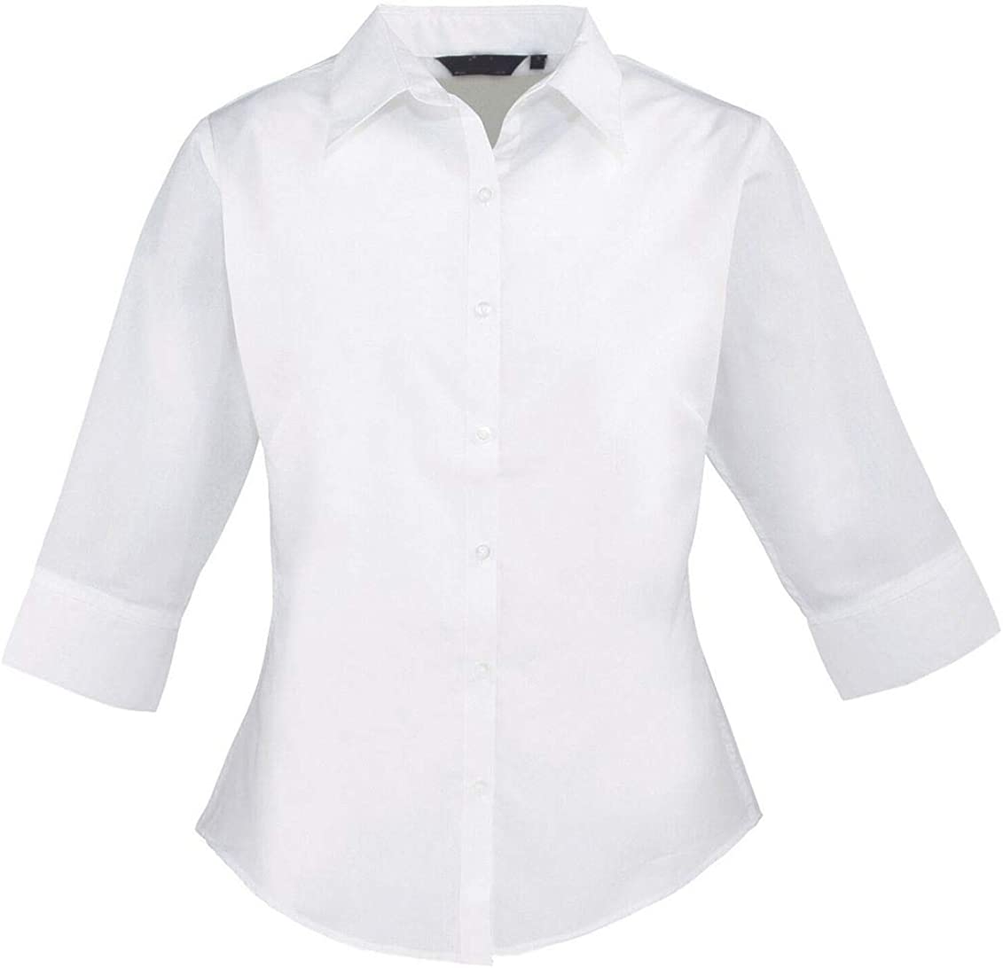 Womens Ladies 3/4 Sleeves Poplin Plain Shirt Top Casual Office Work Wear Blouse