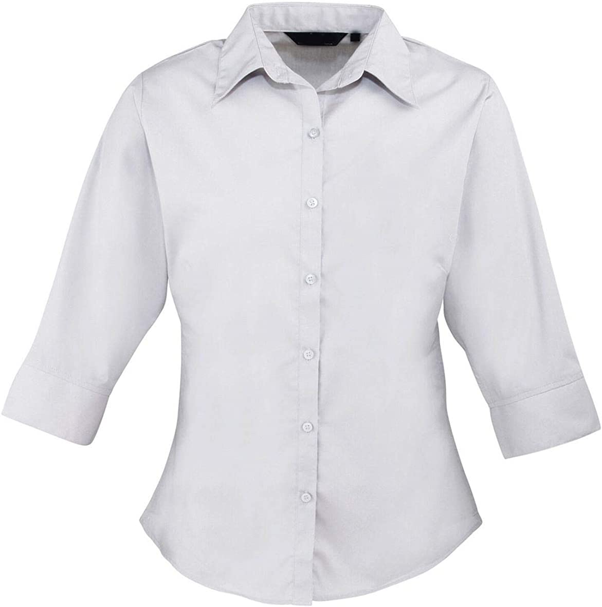 Womens Ladies 3/4 Sleeves Poplin Plain Shirt Top Casual Office Work Wear Blouse