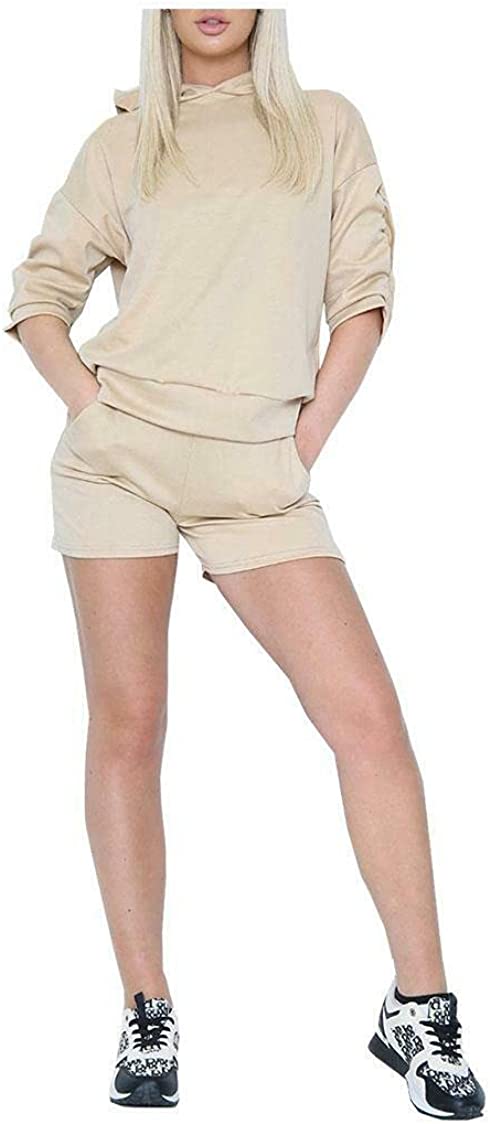 Womens 2 Piece Tracksuit Ladies Ruched Sleeve Hooded Top Shorts Leisure Wear Set