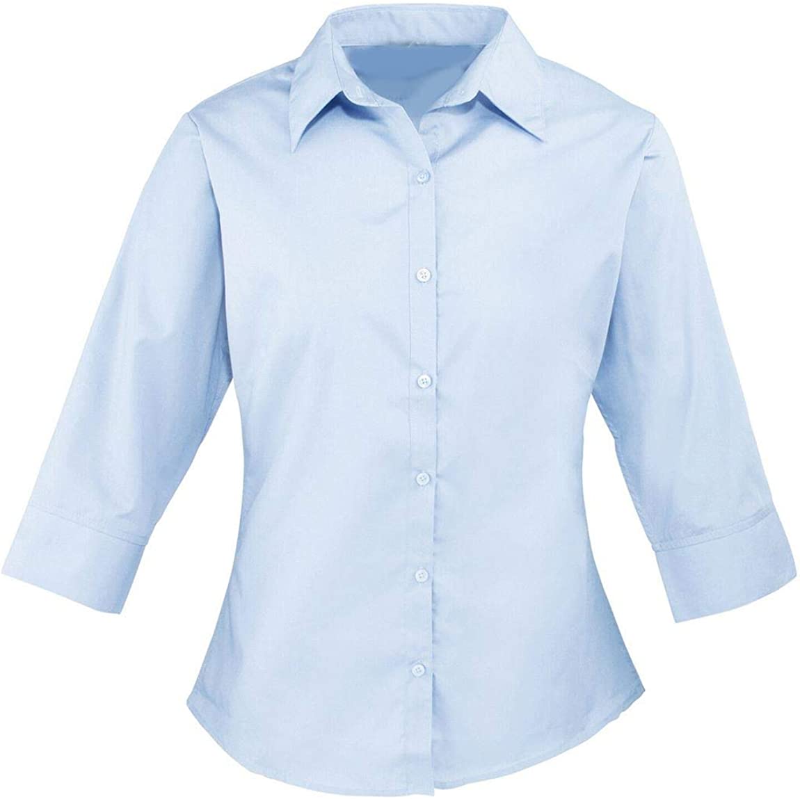 Womens Ladies 3/4 Sleeves Poplin Plain Shirt Top Casual Office Work Wear Blouse