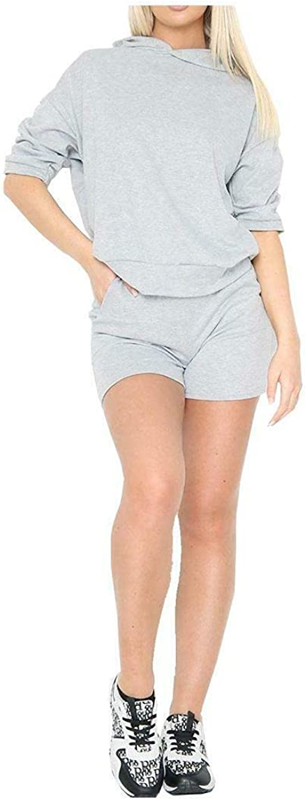 Womens 2 Piece Tracksuit Ladies Ruched Sleeve Hooded Top Shorts Leisure Wear Set