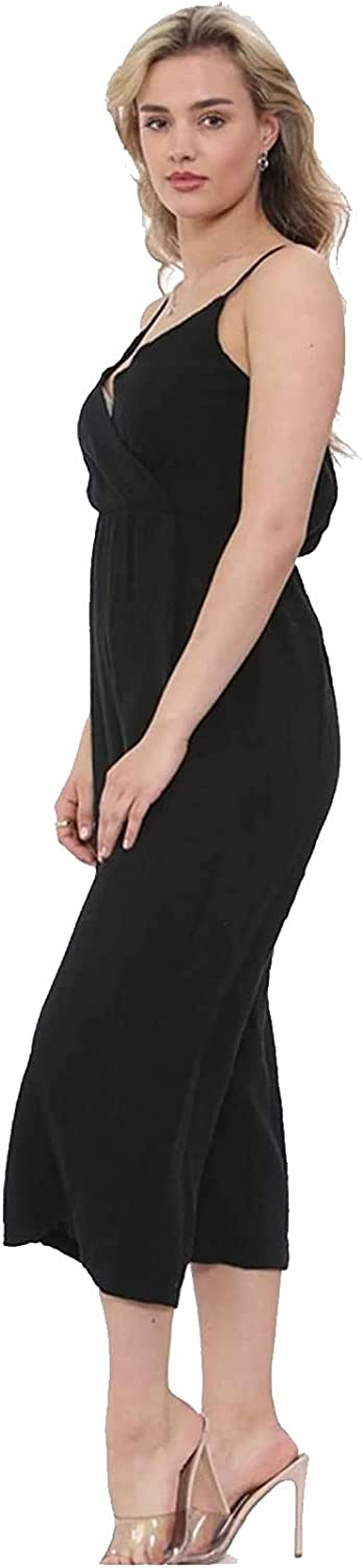 Ladies Deep V Neck Wrap Over Italian Jumpsuit Womens 3-4 Wide Leg Summer Sleeveless Playsuit