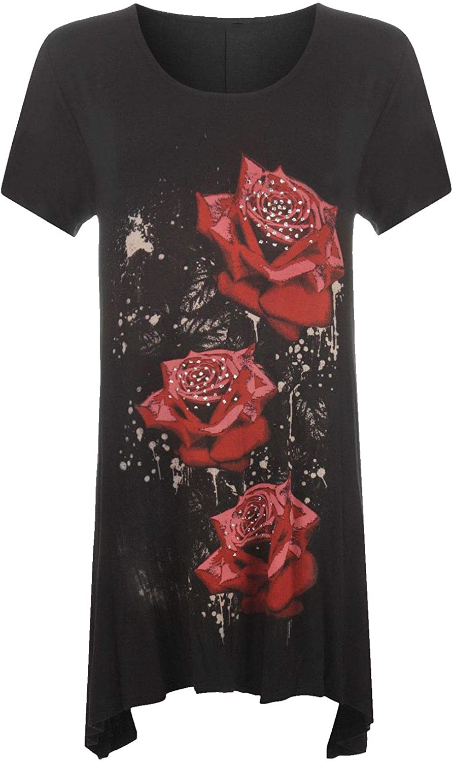 Women Glitter Rose Print Plus Size Hanky Hem Top Ladies Short Sleeve Fancy Shirt