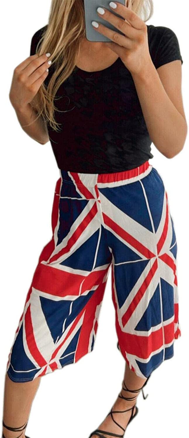Womens Wide Leg British Flag Printed Culottes Ladies Flared 3/4 Length Shorts Trouser