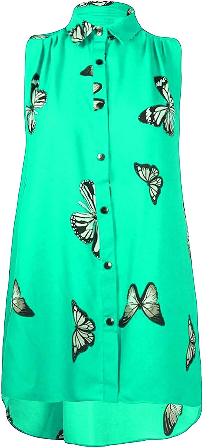 Womens Sleeveless Dipped Hem Printed Top Ladies Fancy Dress Party Butterfly Print Shirt UK 14-28