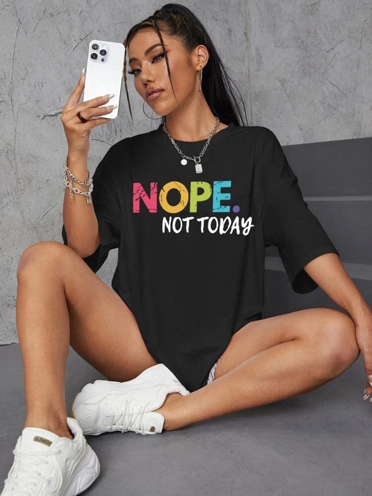 Womens Short Sleeve Nope Not Today Coloured Print Oversized T-Shirt Top Ladies Crew Neck Baggy Summer Blouses Top
