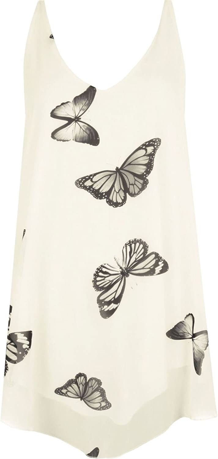 Womens Plus Size Butterfly Printed Chiffon Lined Vest Top Ladies Party Wear Dip Hem Top