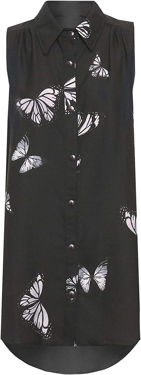Womens Sleeveless Dipped Hem Printed Top Ladies Fancy Dress Party Butterfly Print Shirt UK 14-28
