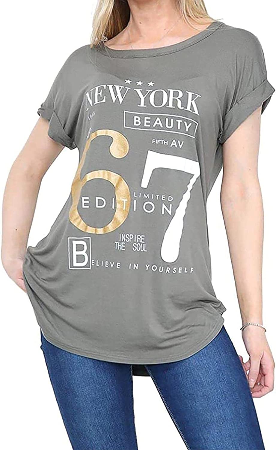 Womens New York Slogan Print T Shirt Short Sleeve Tee Ladies Plus Size Round Neck Top