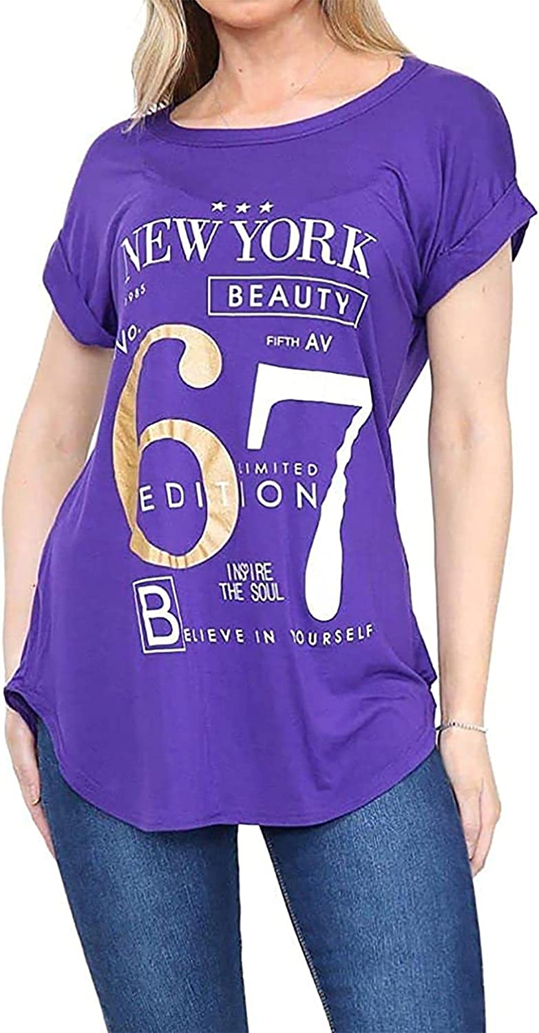 Womens New York Slogan Print T Shirt Short Sleeve Tee Ladies Plus Size Round Neck Top