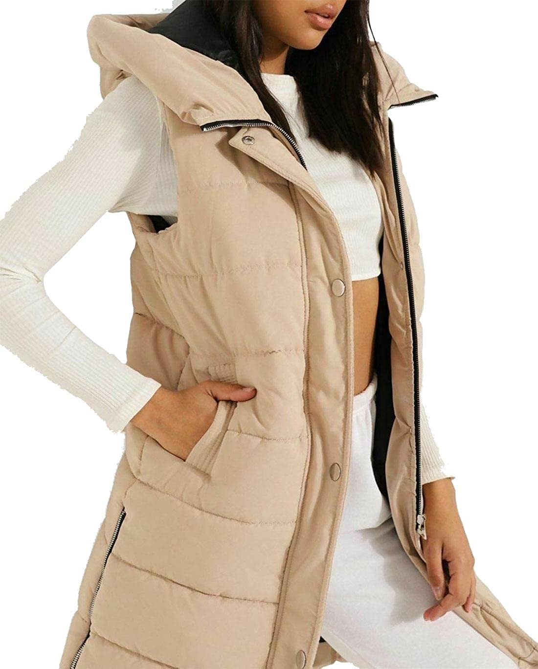 Womens Longline Hooded Quilted Gilet Jacket Ladies Winter Wear Long Zip Up Coat