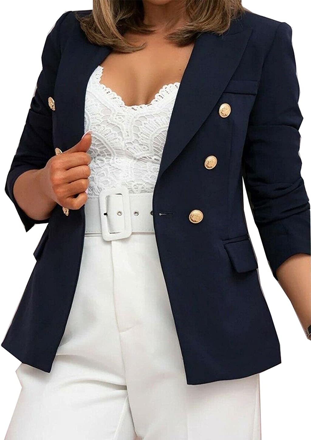 Ladies Double Breasted Style Blazer Womens Jacket with Gold Button Detail Coat