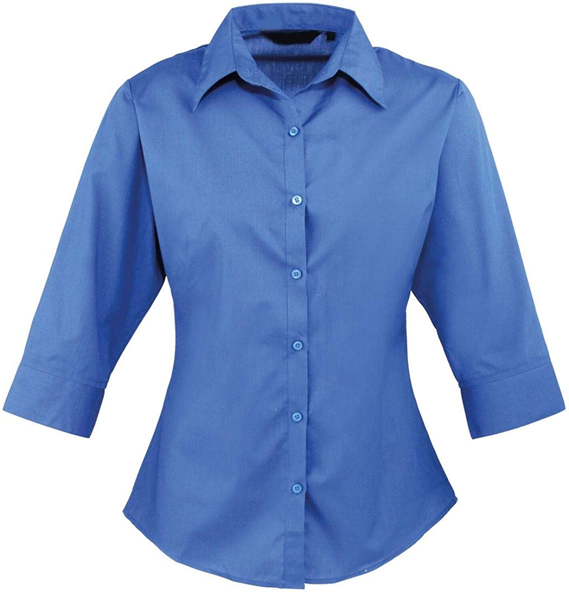 Womens Ladies 3/4 Sleeves Poplin Plain Shirt Top Casual Office Work Wear Blouse