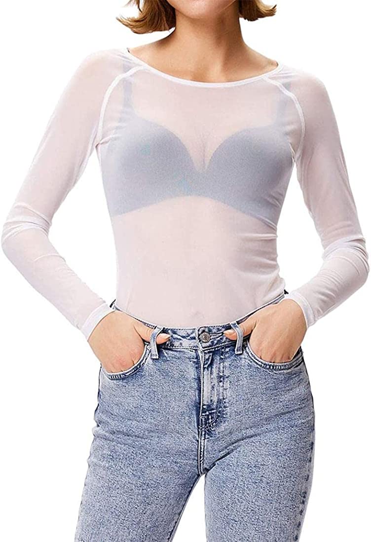 Womens Long Sleeve Sheer Mesh Top Round Neck T Shirt Ladies See Through Sexy Top