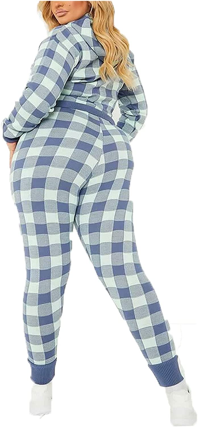 Womens 2 Pcs Long Sleeve Check Knitted Hoodie Trouser Tracksuits Loungewear