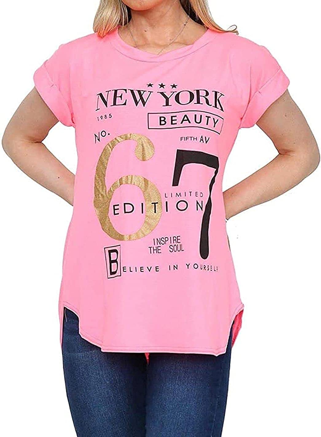 Womens New York Slogan Print T Shirt Short Sleeve Tee Ladies Plus Size Round Neck Top