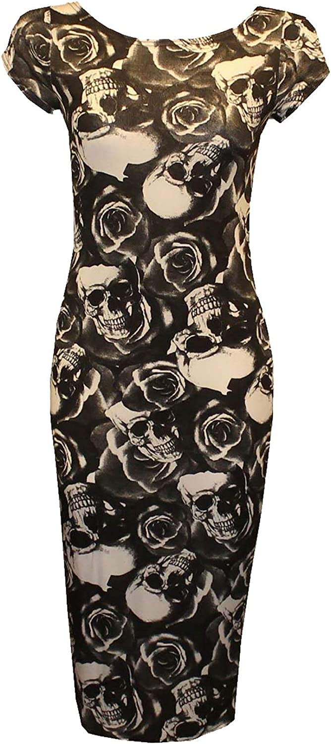 Womens Fancy Cap Sleeve Skull Rose Printed Bodycon Midi Dress Ladies Round Neck Party Wear Dress Small/2X Large (UK 8-22)