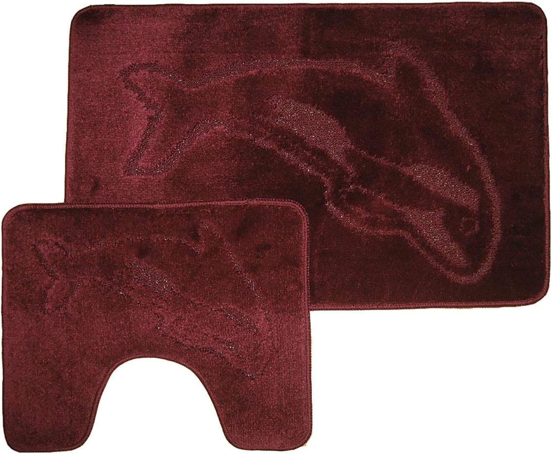 Comfortable Fancy Soft 2 Pieces Washable Non Slip Dolphin Design Pedestal Mat And Bath Mat Set Burgendy One Size