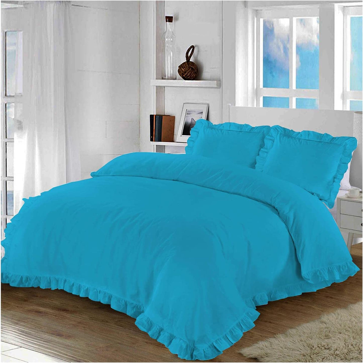 Ruffled Frilled Duvet Cover Set With Pillowcases Polycotton Duvet Quilt Covers Soft Comfy Bedding Set Teal Super King