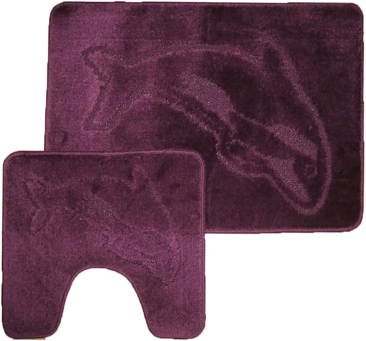 Comfortable Fancy Soft 2 Pieces Washable Non Slip Dolphin Design Pedestal Mat And Bath Mat Set Burgendy One Size