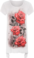 Women Glitter Rose Print Plus Size Hanky Hem Top Ladies Short Sleeve Fancy Shirt