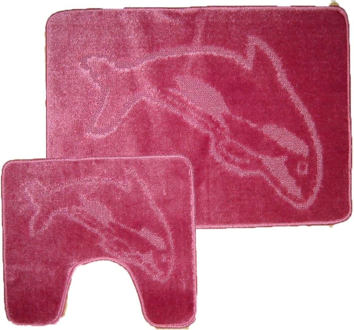 Comfortable Fancy Soft 2 Pieces Washable Non Slip Dolphin Design Pedestal Mat And Bath Mat Set Burgendy One Size