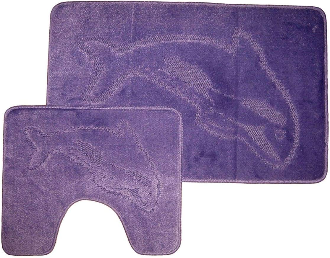 Comfortable Fancy Soft 2 Pieces Washable Non Slip Dolphin Design Pedestal Mat And Bath Mat Set Burgendy One Size