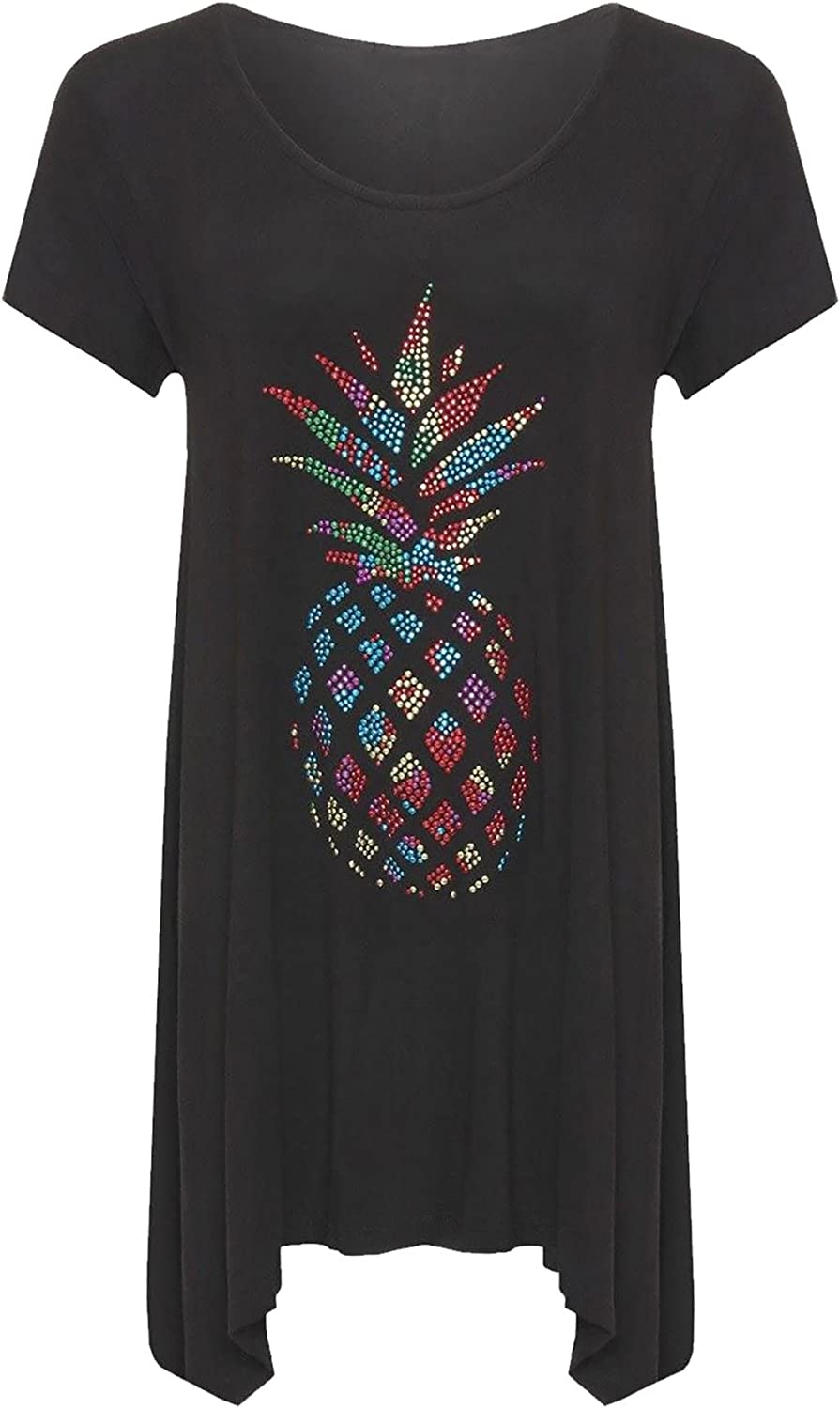 Womens Pineapple Diamante Short Sleeve Hanky Hem Top Tees Ladies Plus Size Shirt UK 14-28