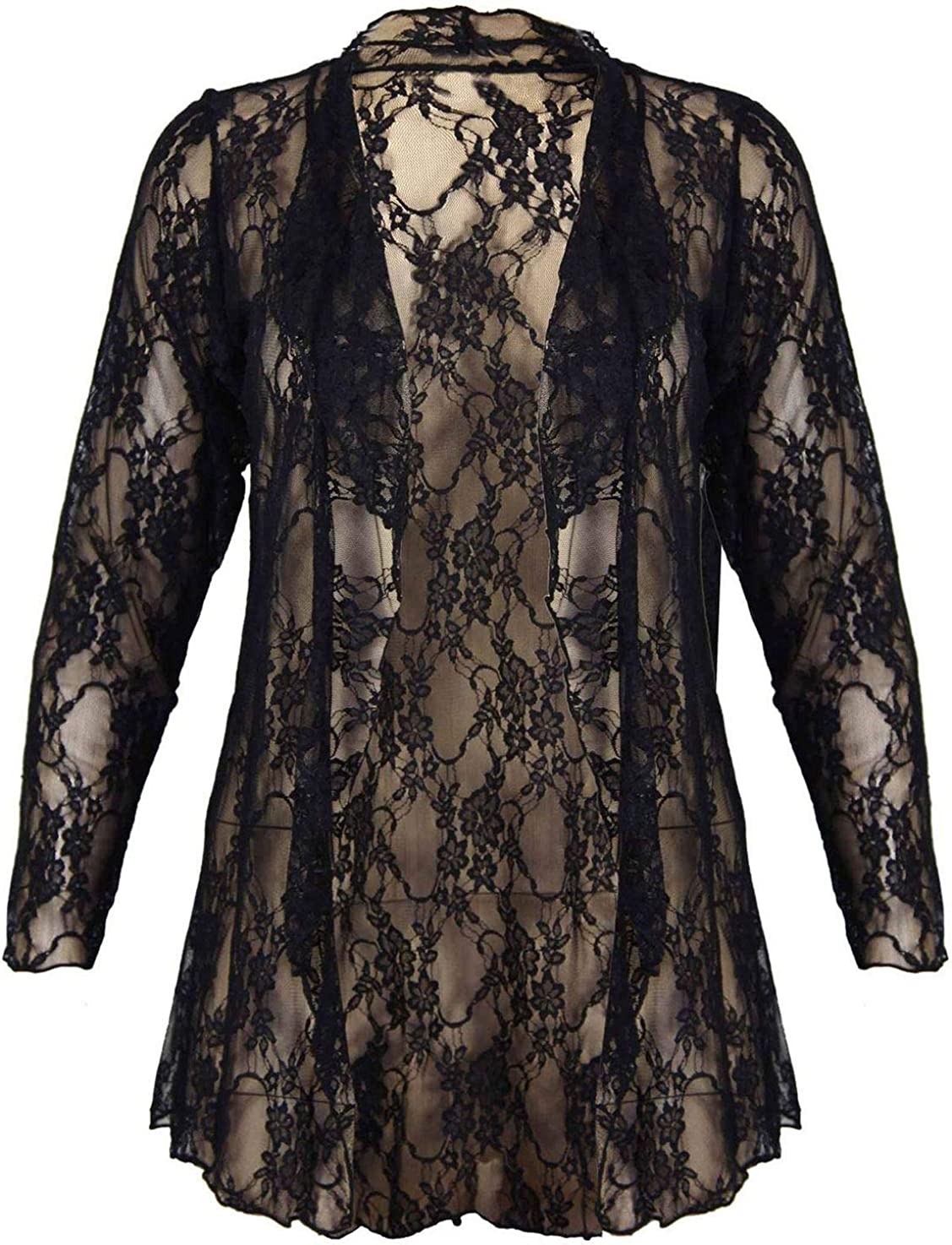 Womens Long Sleeve Floral Lace Waterfall Cardigan Top Ladies Fancy Party Wear Open Front Cardigan