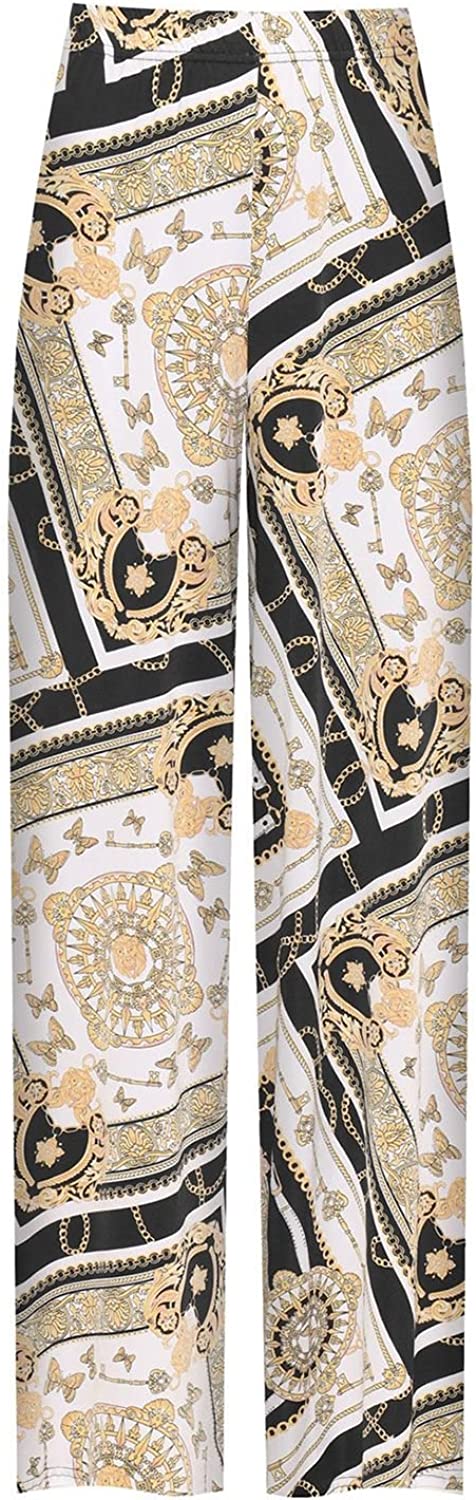 Womens Wider Leg Flared Paisley Printed Pants Ladies Plus Size Fancy Baroque Palazzo